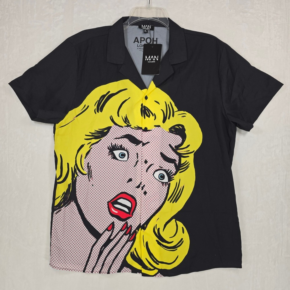 boohooMAN x APOH London Pop Art Comic Revere Shirt Mens XL NWT Black